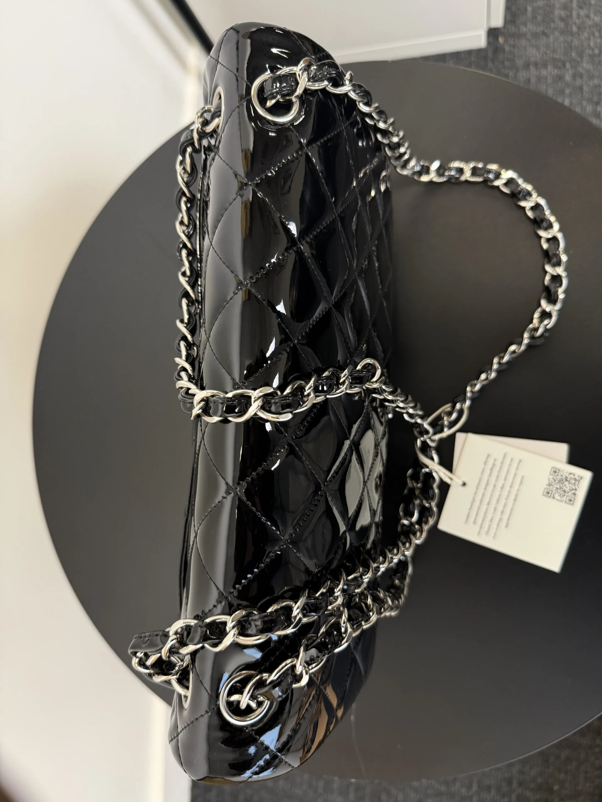 CHANEL Classic Jumbo Double Flap Bag Black Patent Silver Hardware CHANEL Classic Jumbo Double Flap Bag Black Patent Silver Hardware