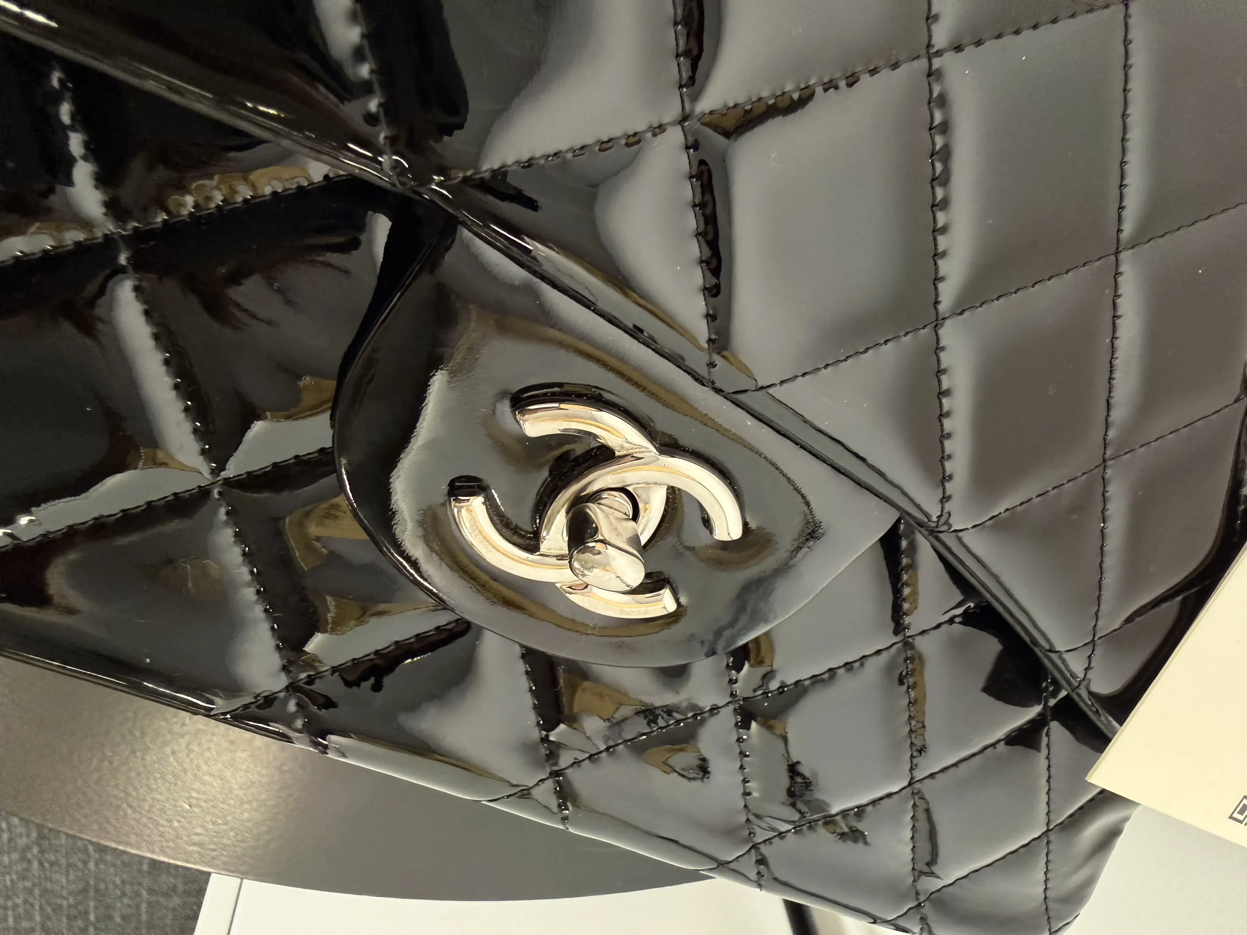 CHANEL Classic Jumbo Double Flap Bag Black Patent Silver Hardware CHANEL Classic Jumbo Double Flap Bag Black Patent Silver Hardware