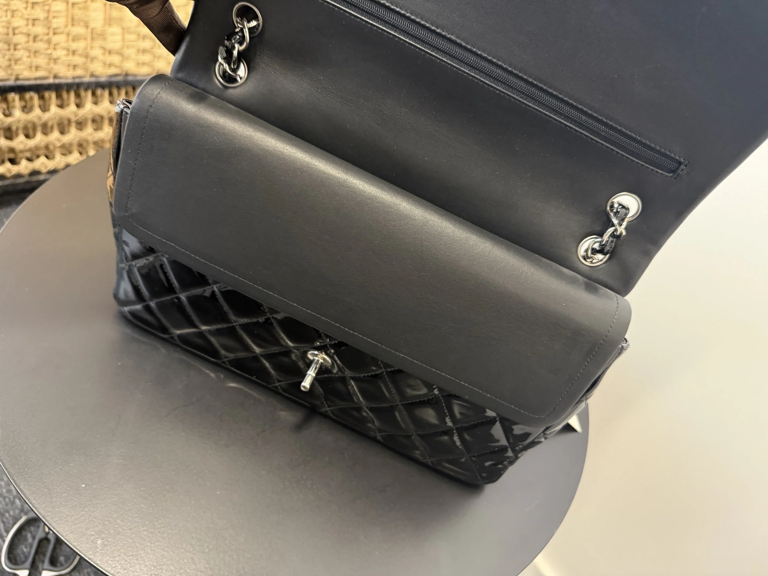 CHANEL Classic Jumbo Double Flap Bag Black Patent Silver Hardware CHANEL Classic Jumbo Double Flap Bag Black Patent Silver Hardware