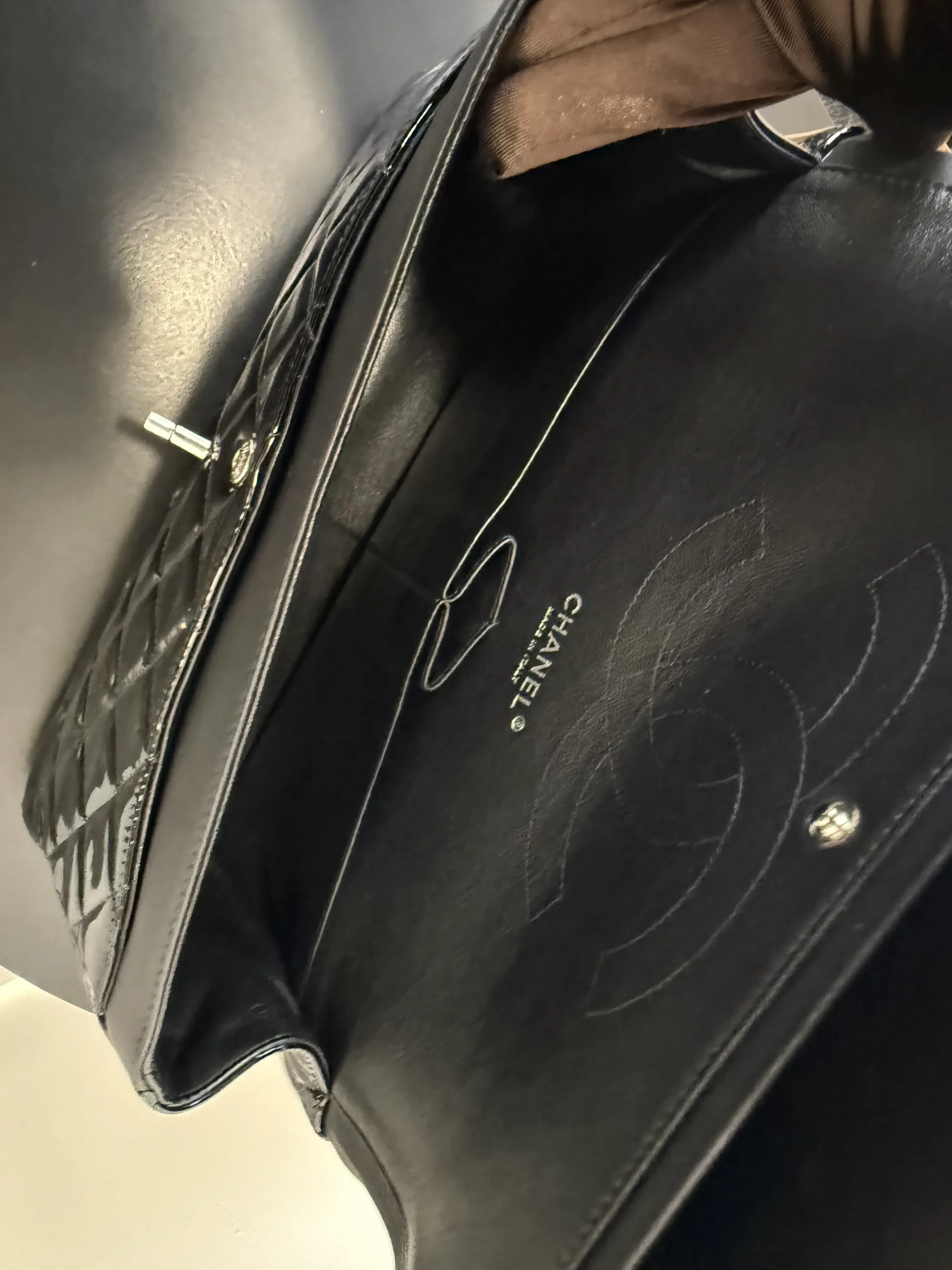 CHANEL Classic Jumbo Double Flap Bag Black Patent Silver Hardware CHANEL Classic Jumbo Double Flap Bag Black Patent Silver Hardware