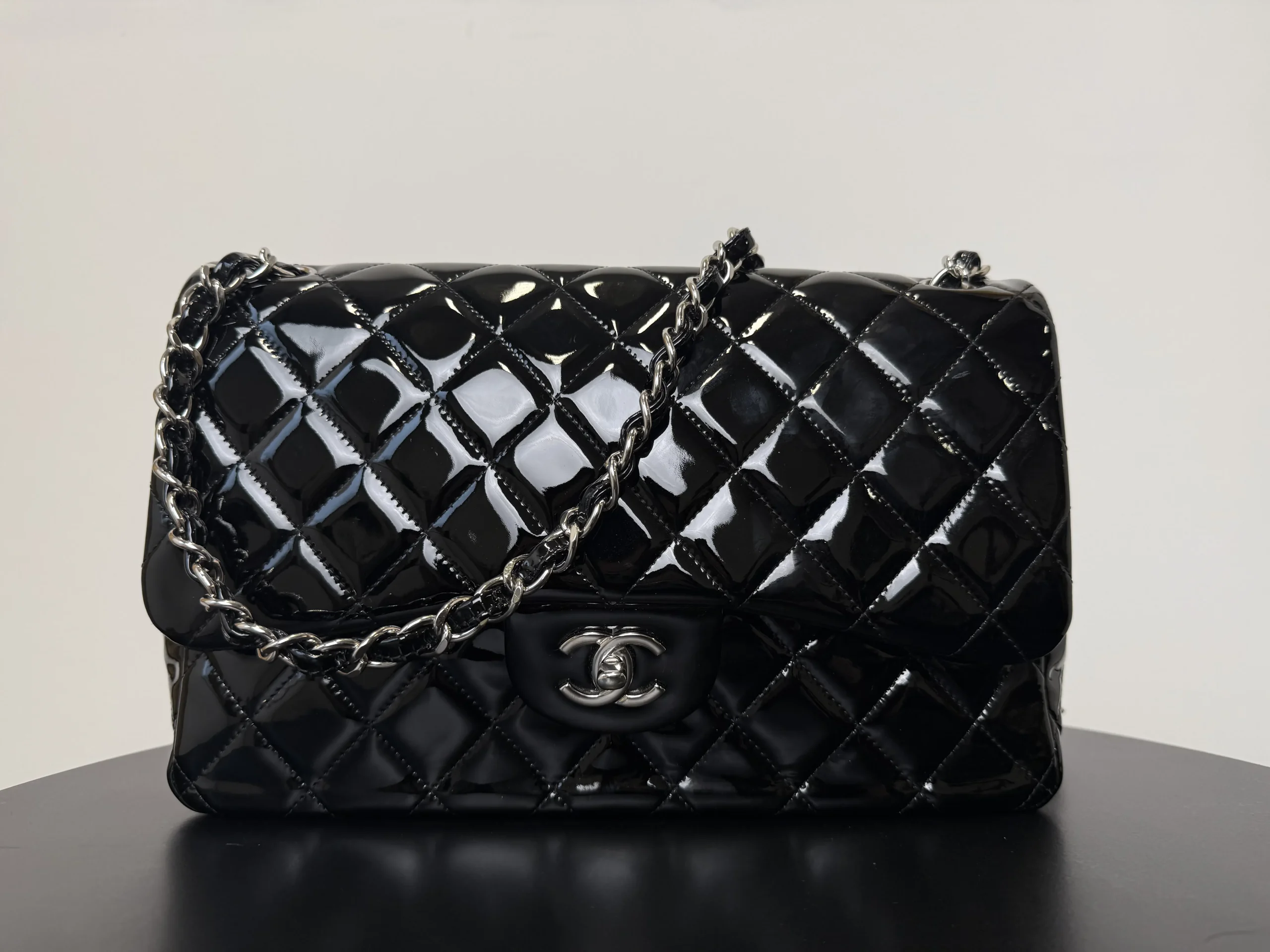 CHANEL Classic Jumbo Double Flap Bag Black Patent Silver Hardware CHANEL Classic Jumbo Double Flap Bag Black Patent Silver Hardware