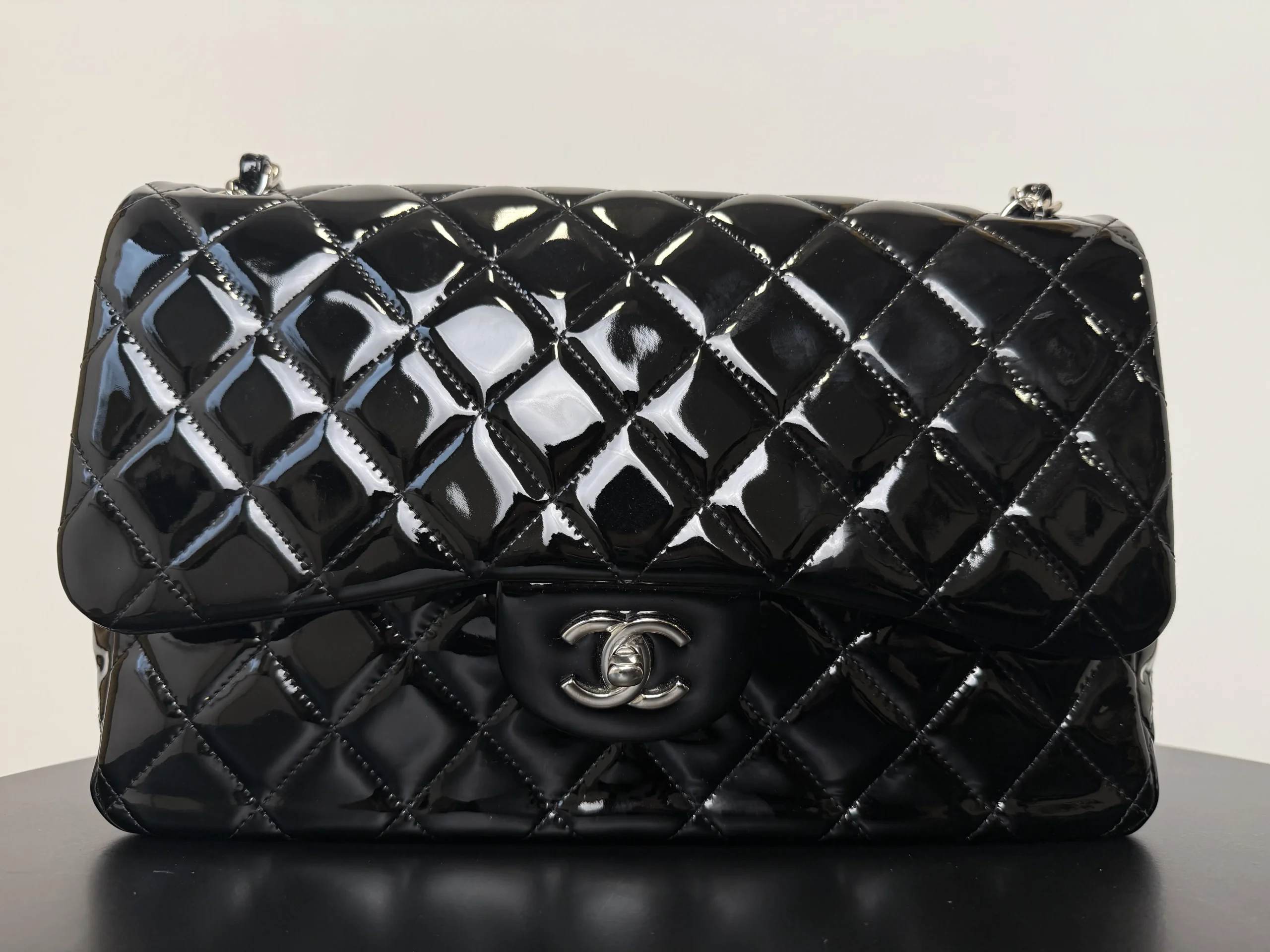 CHANEL Classic Jumbo Double Flap Bag Black Patent Silver Hardware CHANEL Classic Jumbo Double Flap Bag Black Patent Silver Hardware