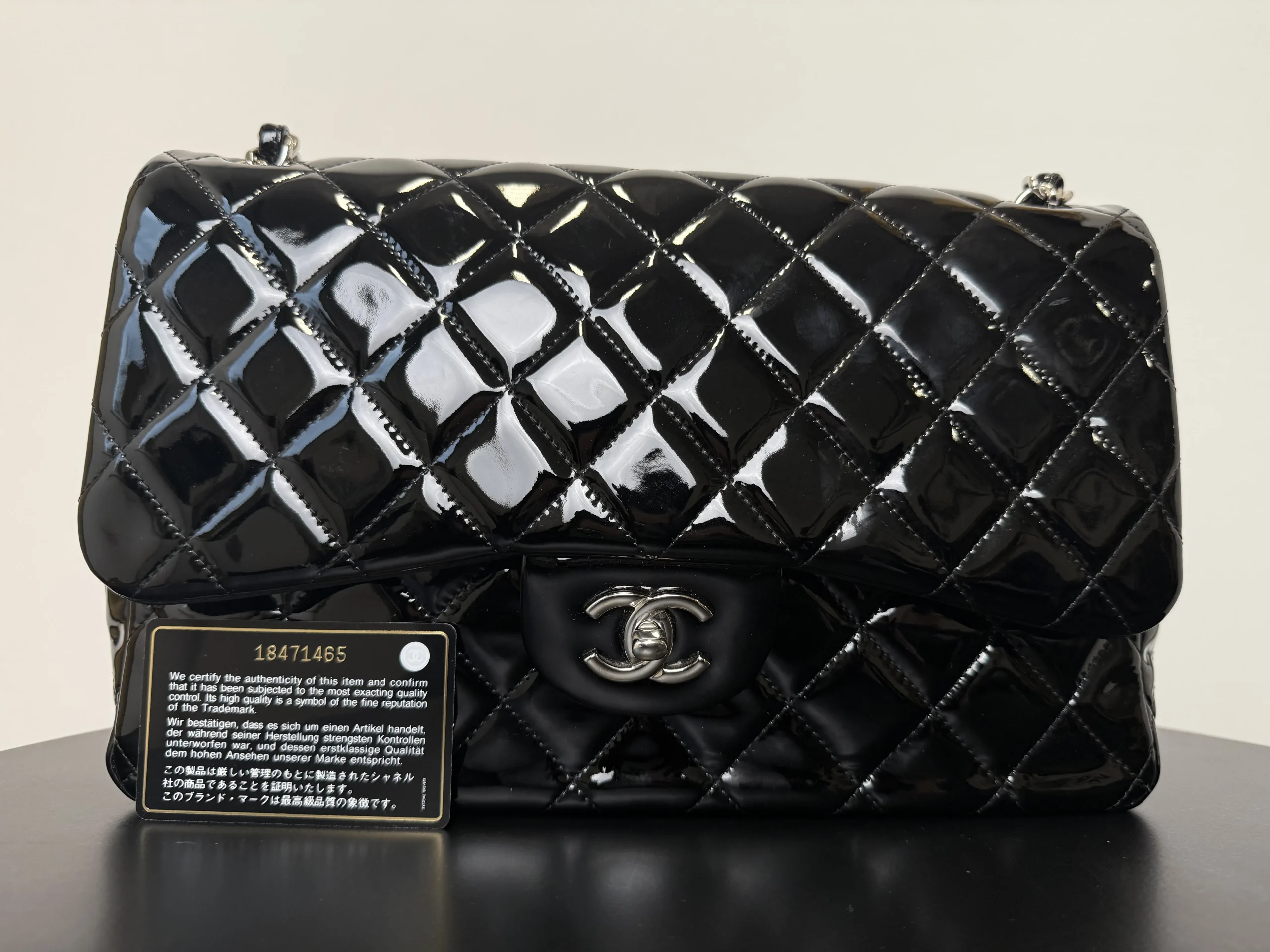 CHANEL Classic Jumbo Double Flap Bag Black Patent Silver Hardware CHANEL Classic Jumbo Double Flap Bag Black Patent Silver Hardware