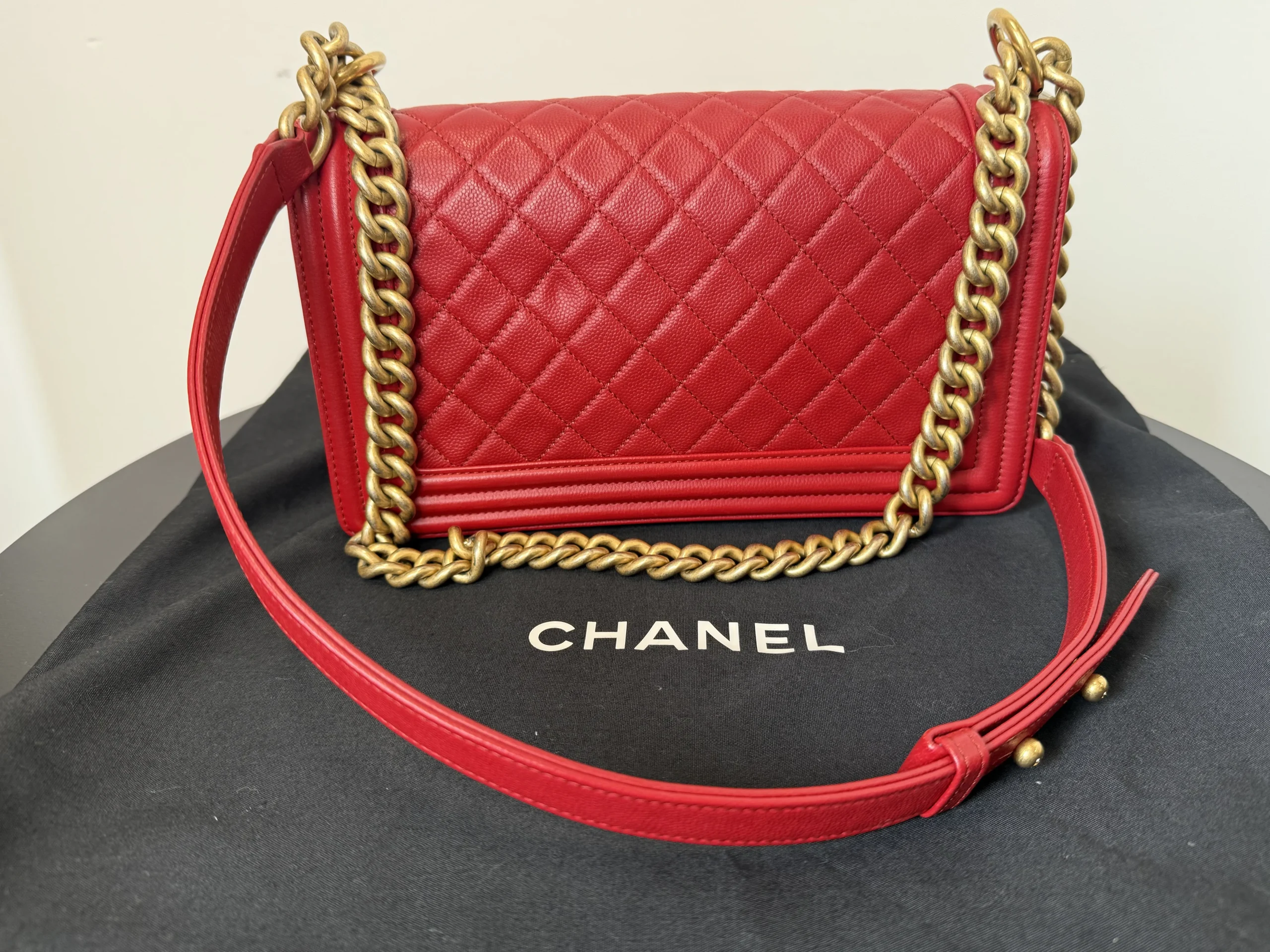 CHANEL Boy Bag Medium Red Caviar Leather Gold Hardware CHANEL Boy Bag Medium Red Caviar Leather Gold Hardware