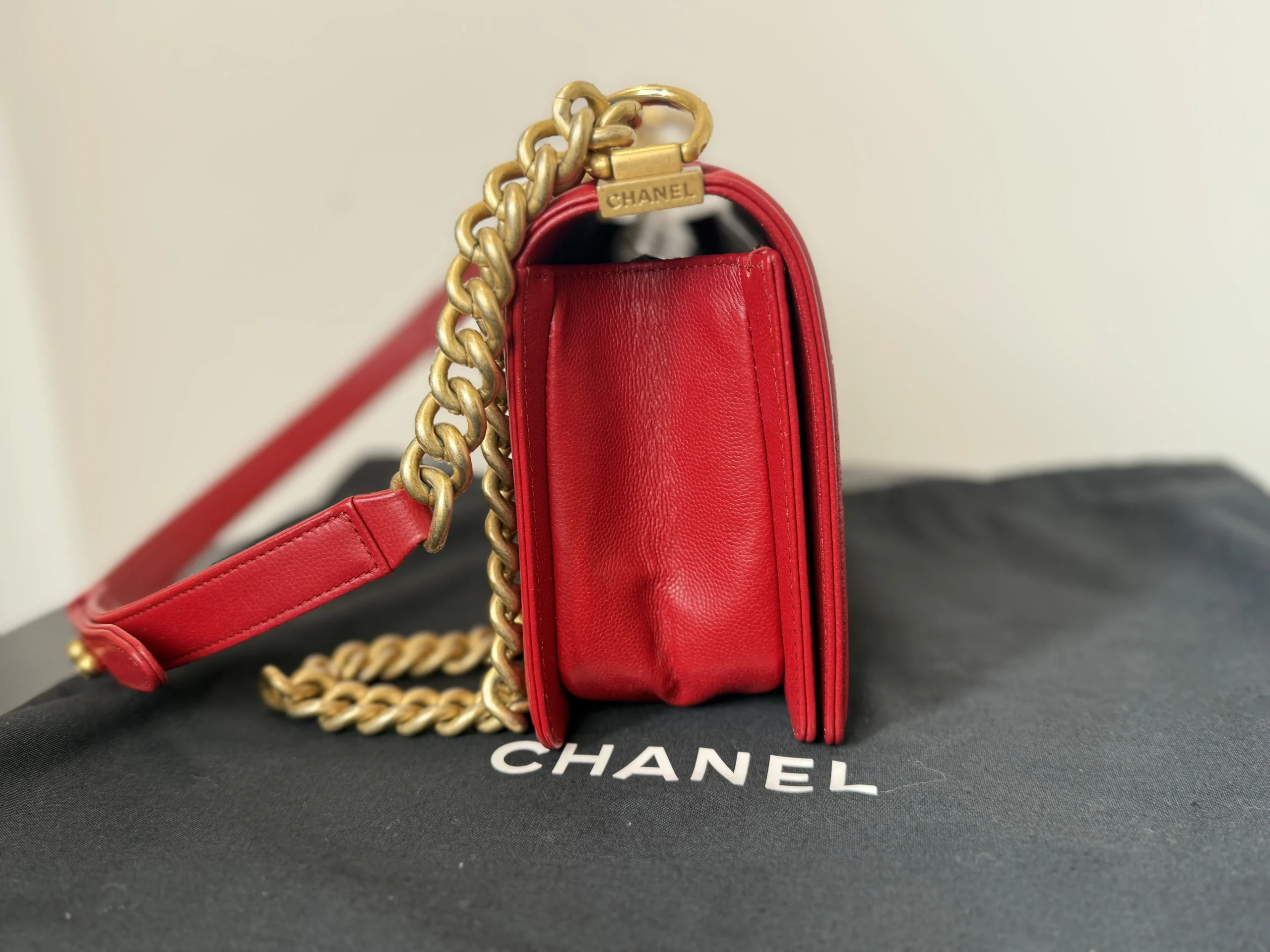 CHANEL Boy Bag Medium Red Caviar Leather Gold Hardware CHANEL Boy Bag Medium Red Caviar Leather Gold Hardware