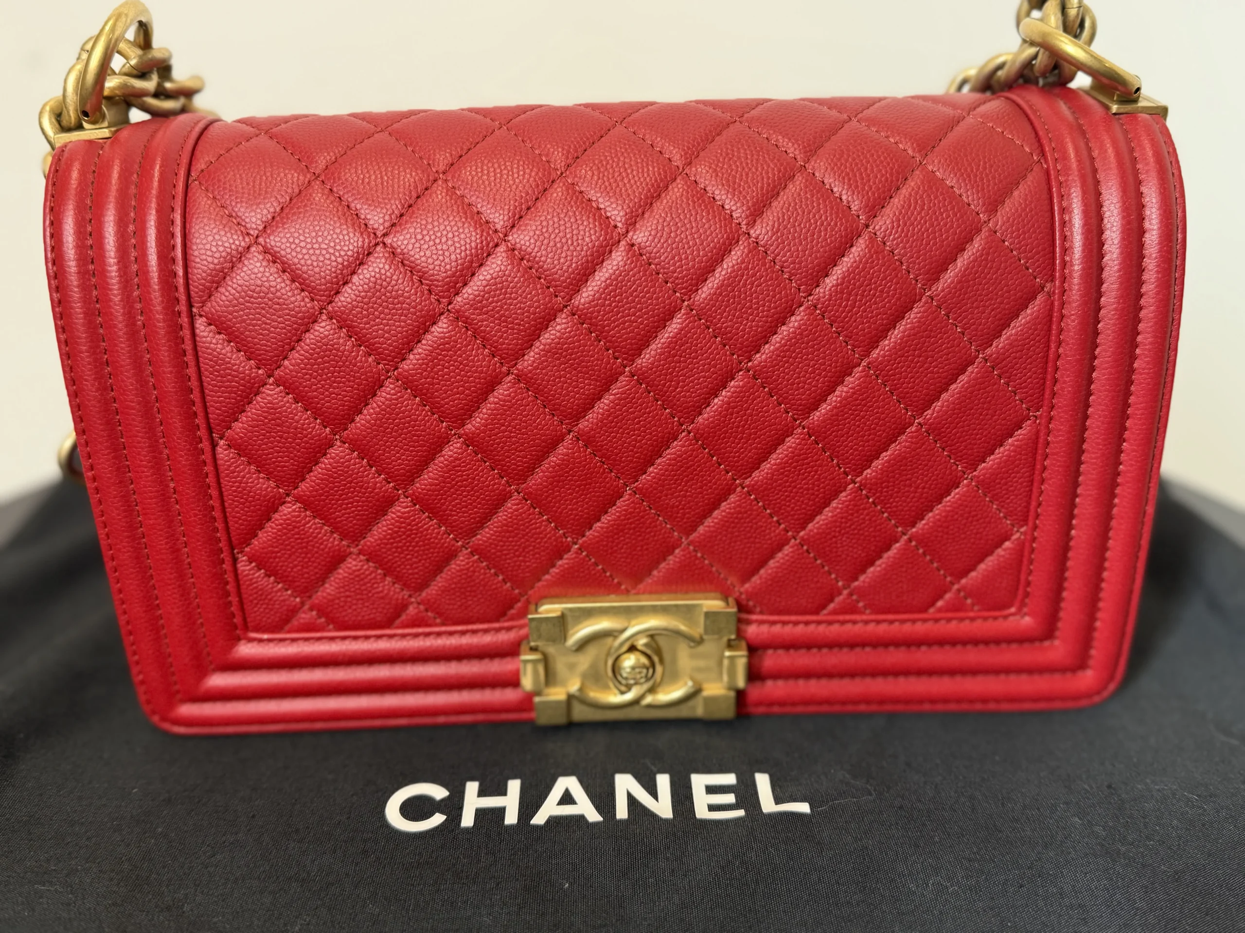 CHANEL Boy Bag Medium Red Caviar Leather Gold Hardware CHANEL Boy Bag Medium Red Caviar Leather Gold Hardware