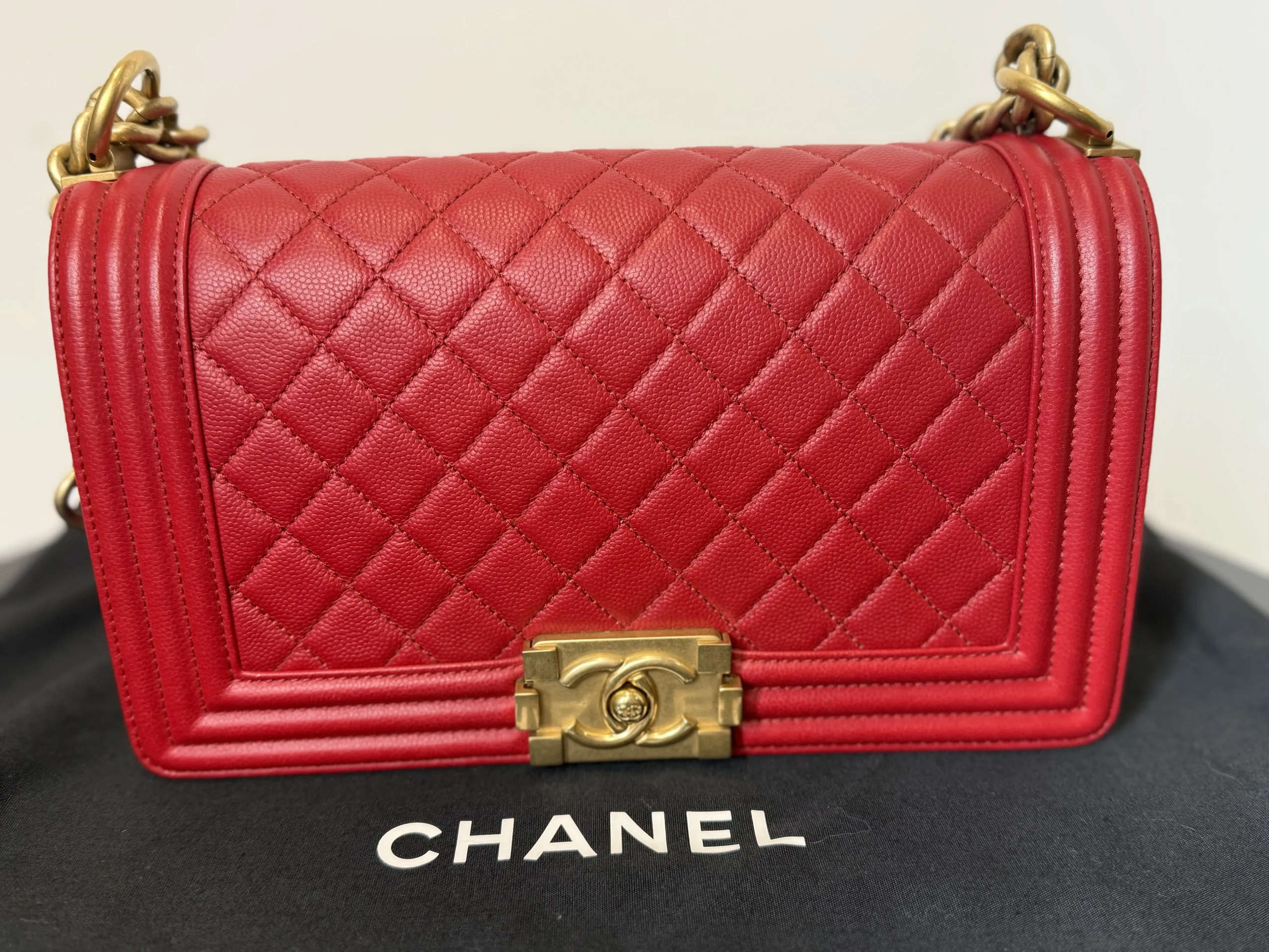 CHANEL Boy Bag Medium Red Caviar Leather Gold Hardware CHANEL Boy Bag Medium Red Caviar Leather Gold Hardware