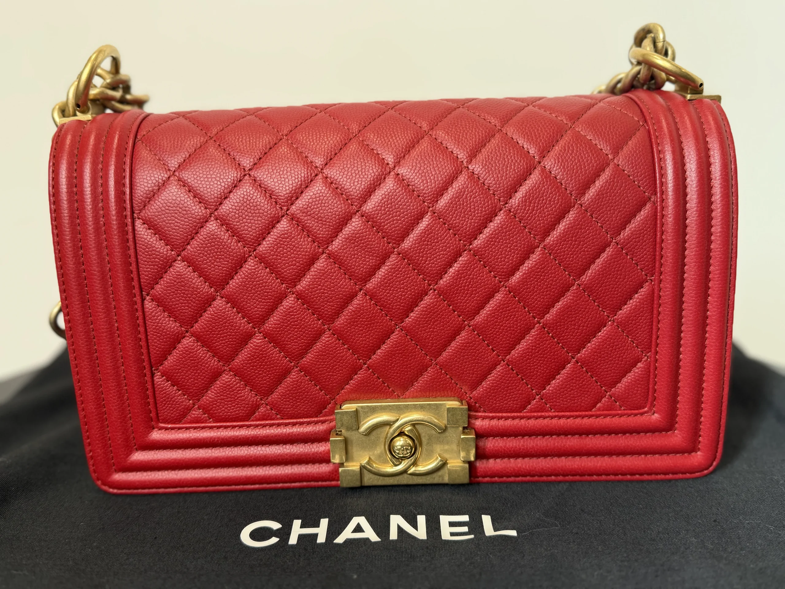 CHANEL Boy Bag Medium Red Caviar Leather Gold Hardware CHANEL Boy Bag Medium Red Caviar Leather Gold Hardware