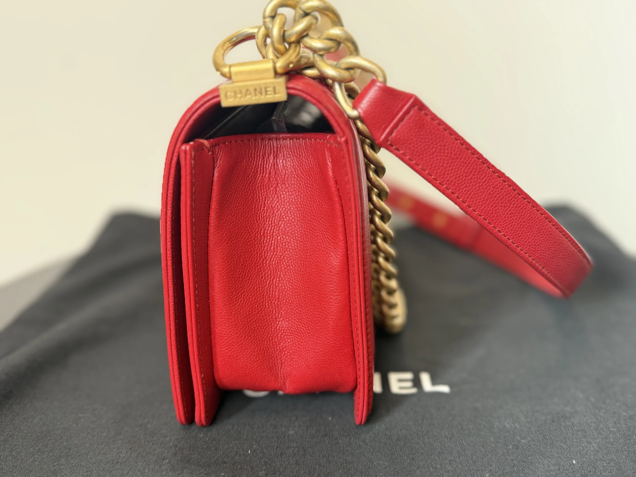CHANEL Boy Bag Medium Red Caviar Leather Gold Hardware CHANEL Boy Bag Medium Red Caviar Leather Gold Hardware