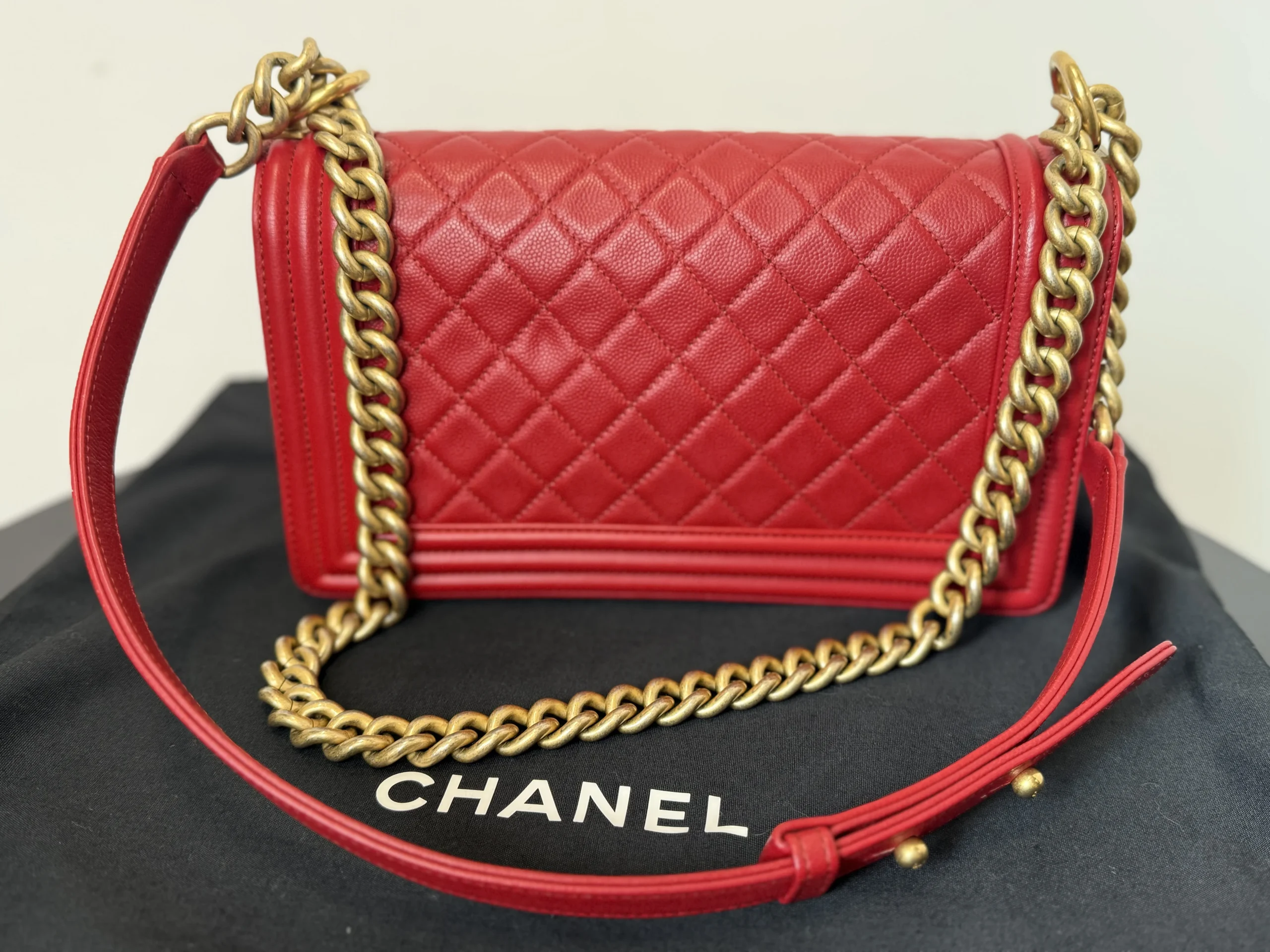 CHANEL Boy Bag Medium Red Caviar Leather Gold Hardware CHANEL Boy Bag Medium Red Caviar Leather Gold Hardware