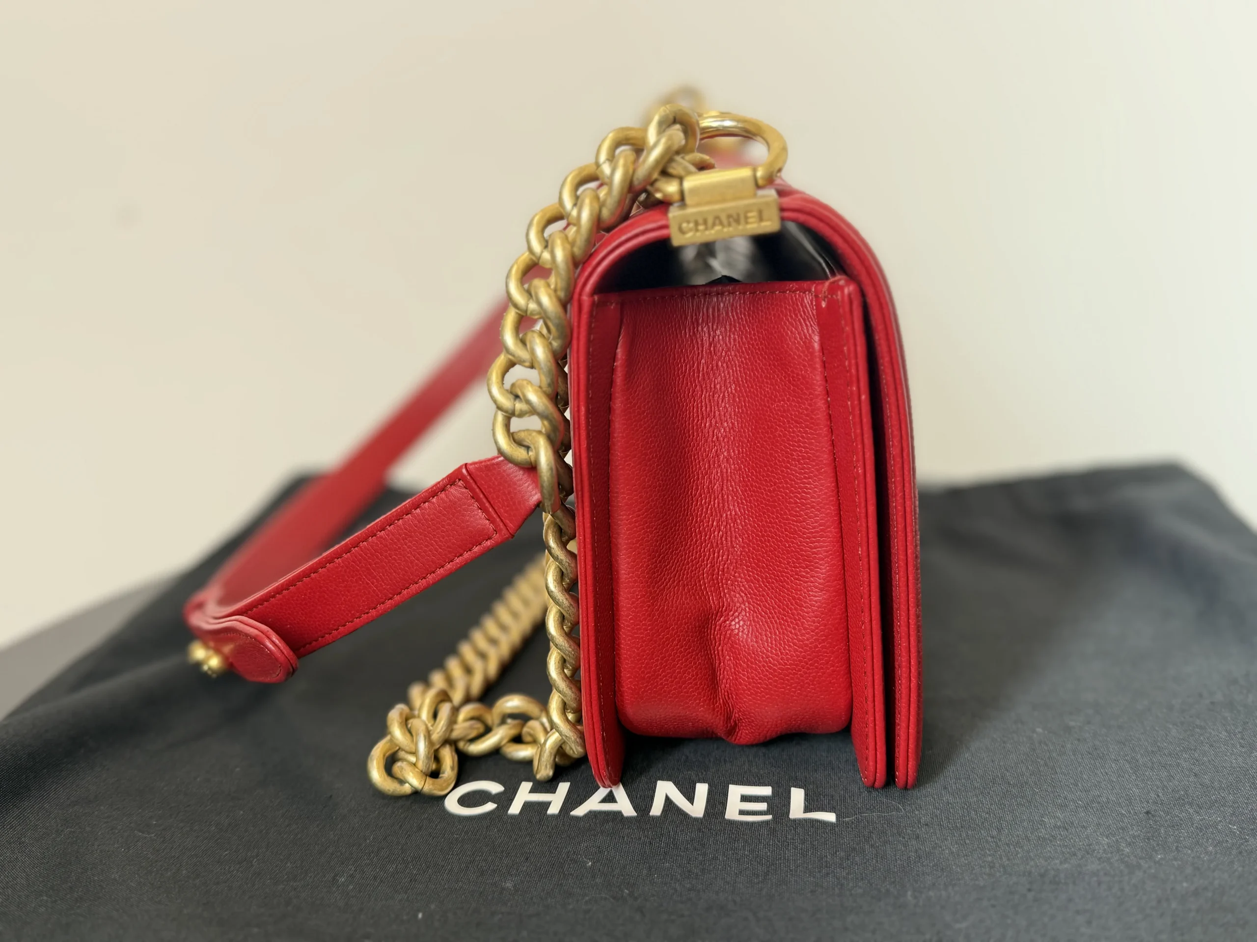 CHANEL Boy Bag Medium Red Caviar Leather Gold Hardware CHANEL Boy Bag Medium Red Caviar Leather Gold Hardware