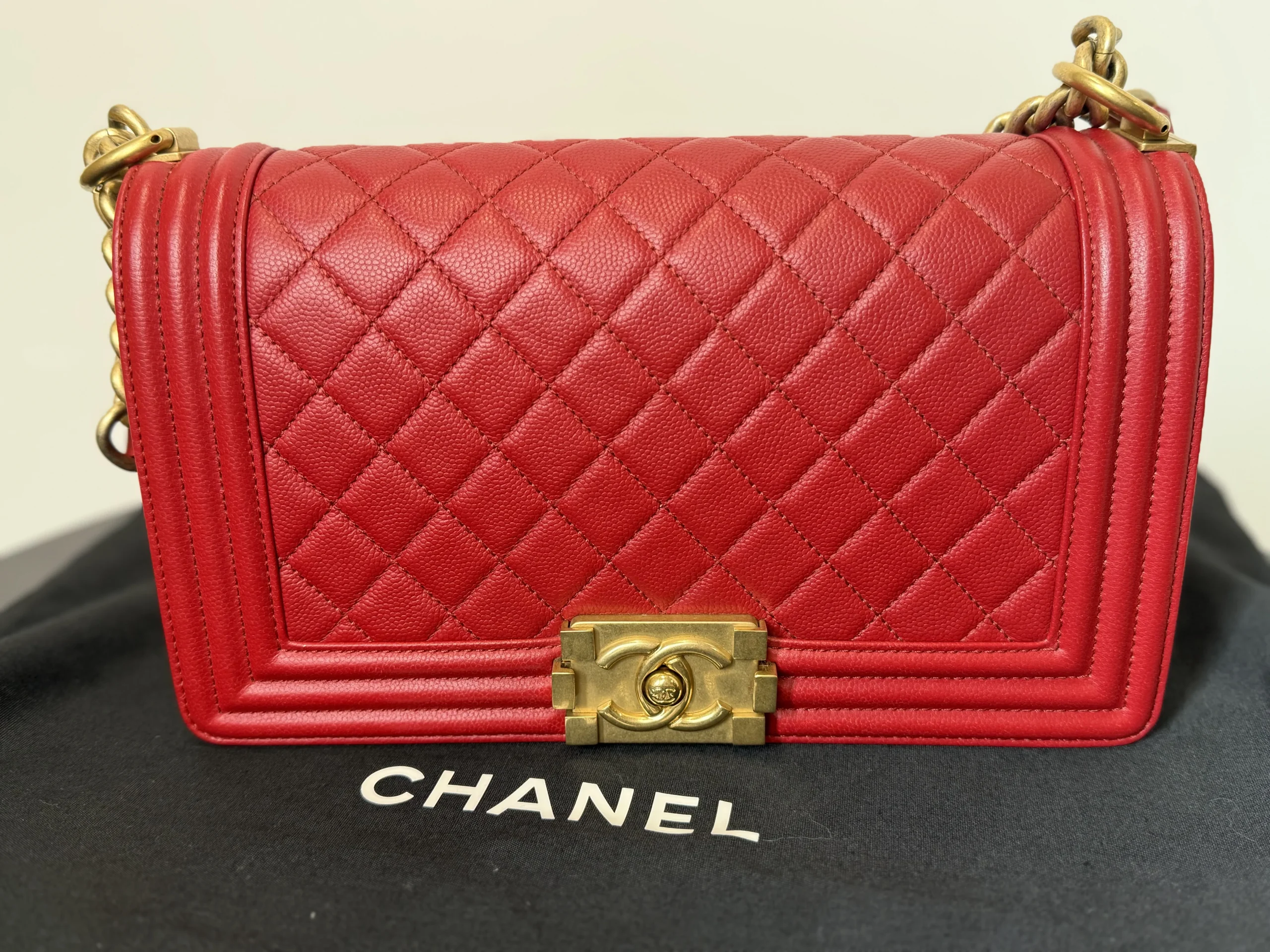 CHANEL Boy Bag Medium Red Caviar Leather Gold Hardware CHANEL Boy Bag Medium Red Caviar Leather Gold Hardware