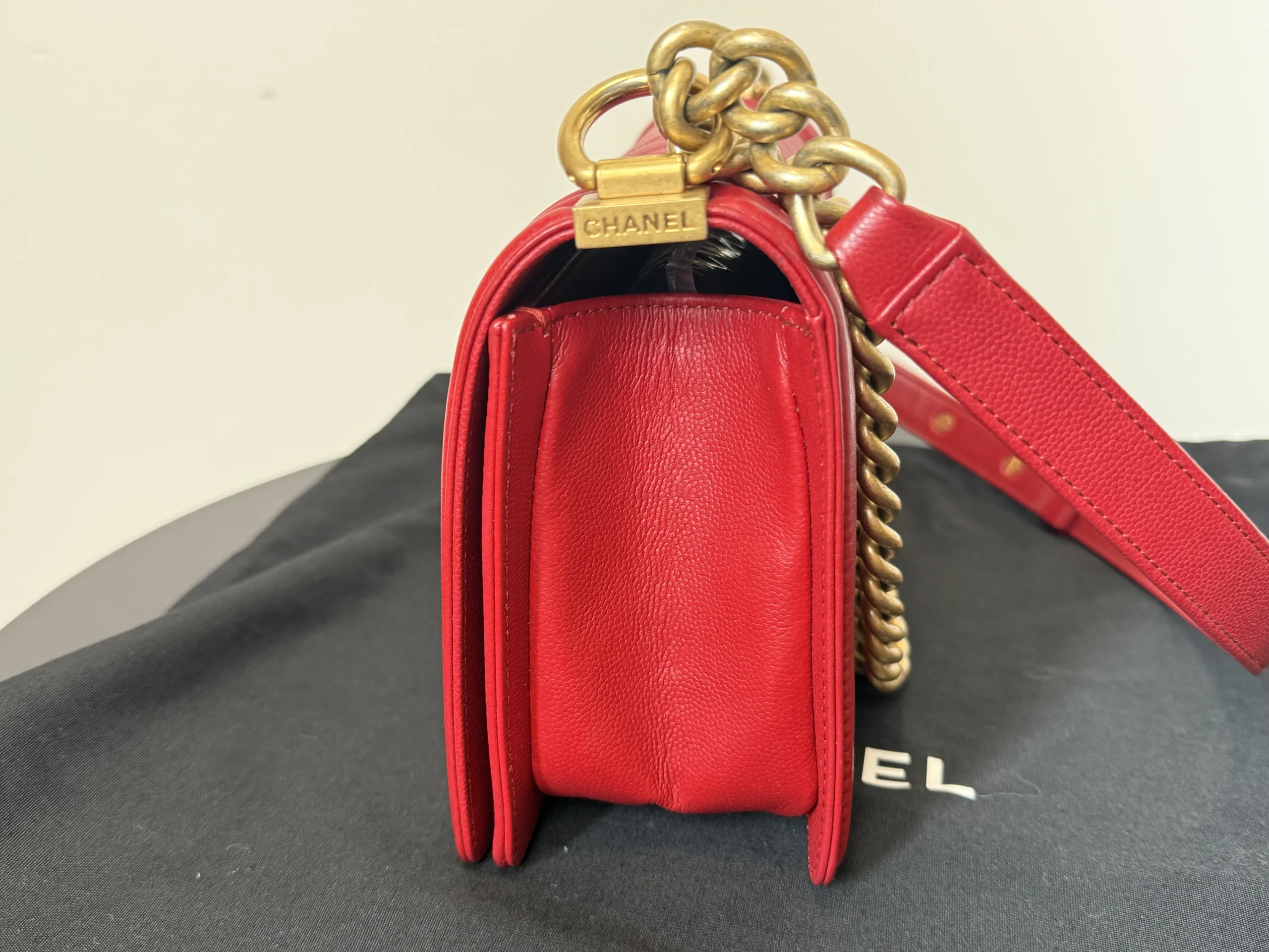 CHANEL Boy Bag Medium Red Caviar Leather Gold Hardware CHANEL Boy Bag Medium Red Caviar Leather Gold Hardware