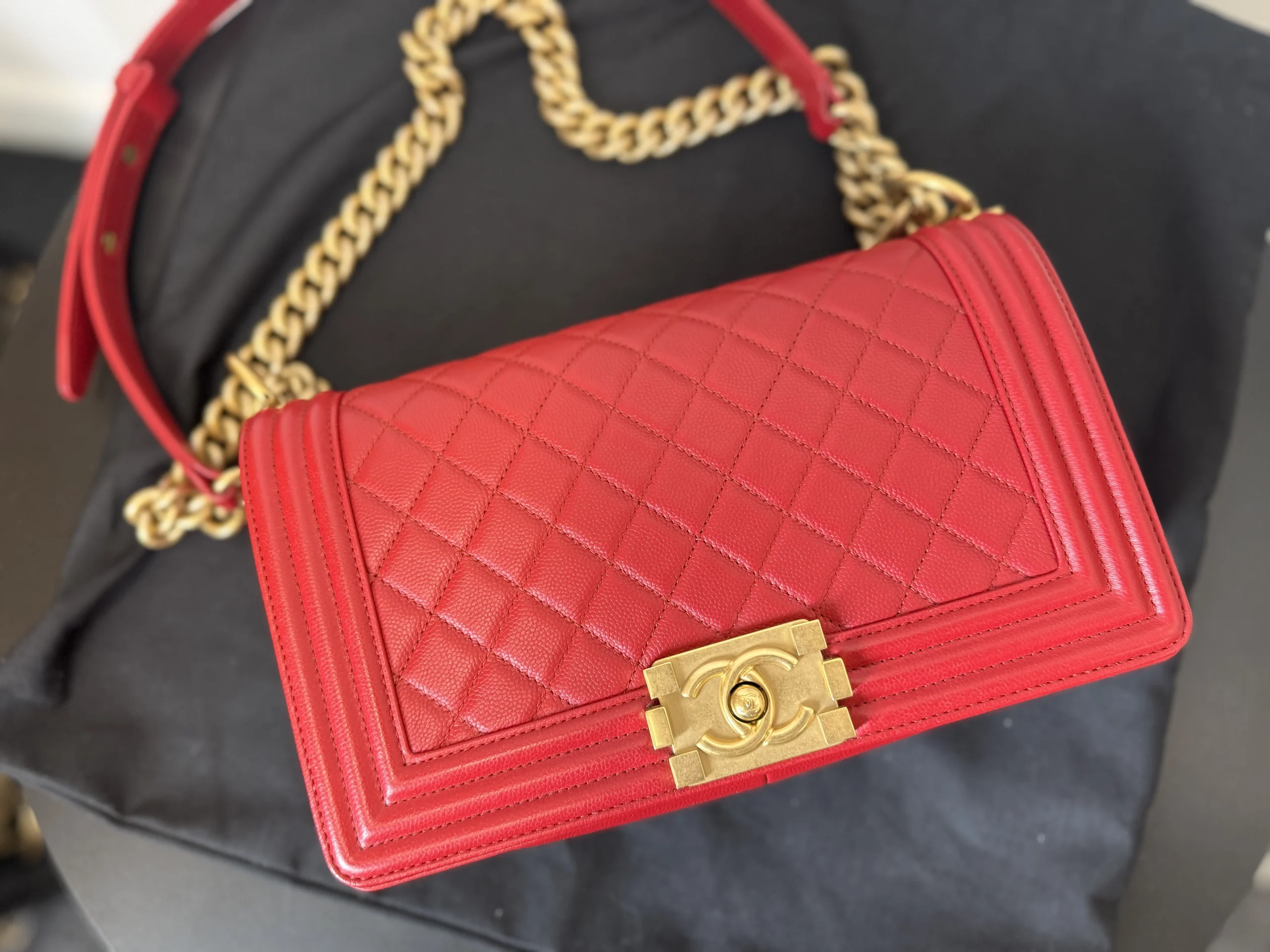 CHANEL Boy Bag Medium Red Caviar Leather Gold Hardware CHANEL Boy Bag Medium Red Caviar Leather Gold Hardware