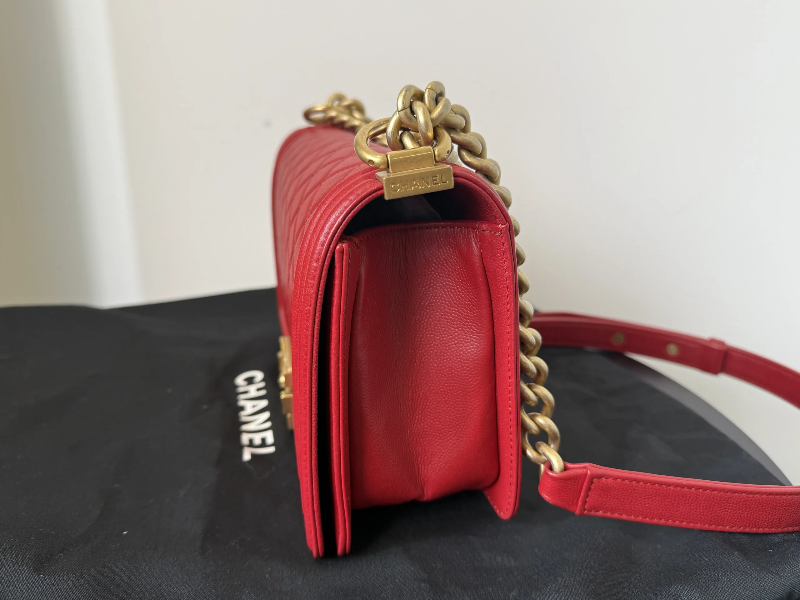 CHANEL Boy Bag Medium Red Caviar Leather Gold Hardware CHANEL Boy Bag Medium Red Caviar Leather Gold Hardware
