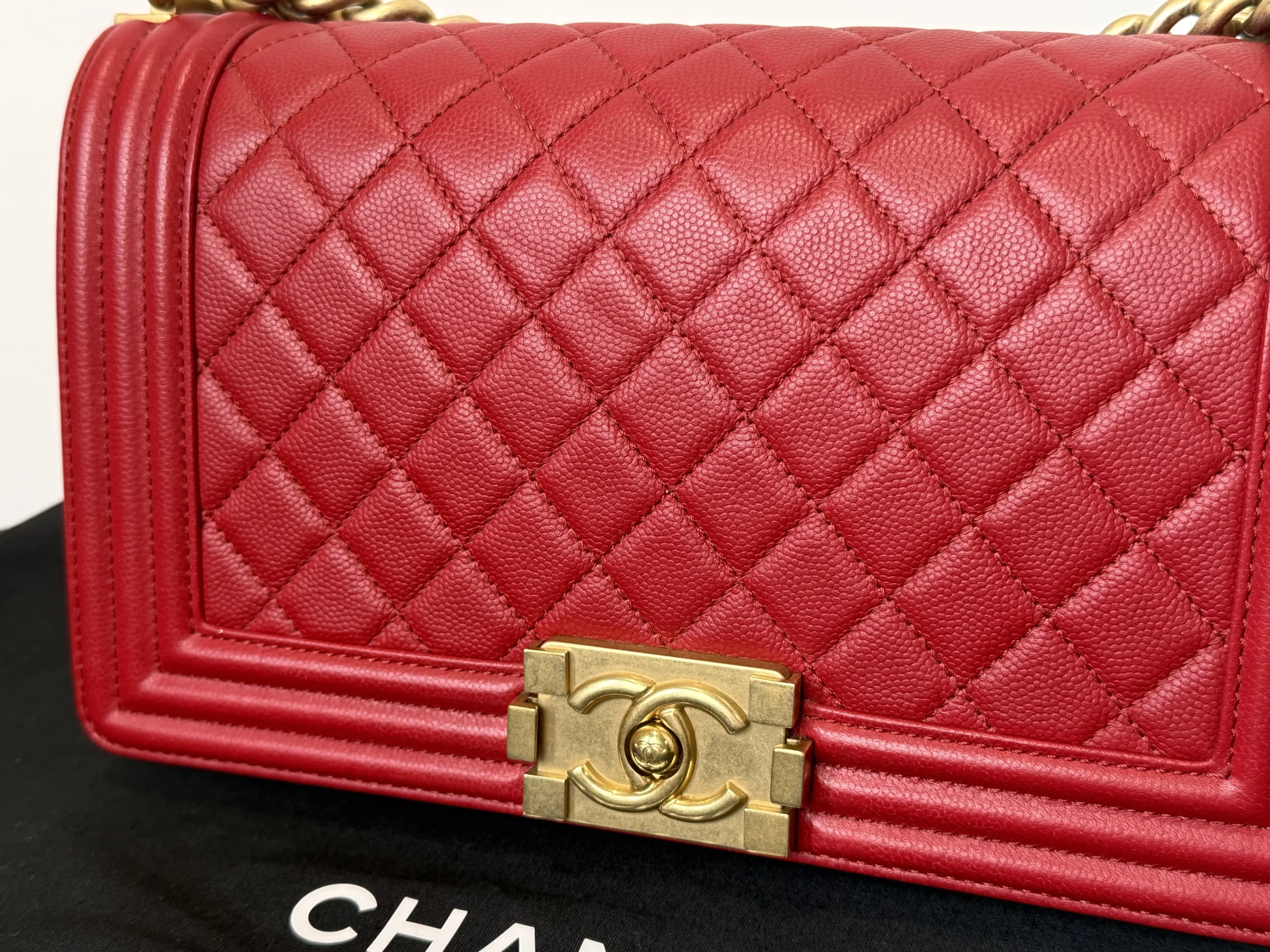 CHANEL Boy Bag Medium Red Caviar Leather Gold Hardware CHANEL Boy Bag Medium Red Caviar Leather Gold Hardware