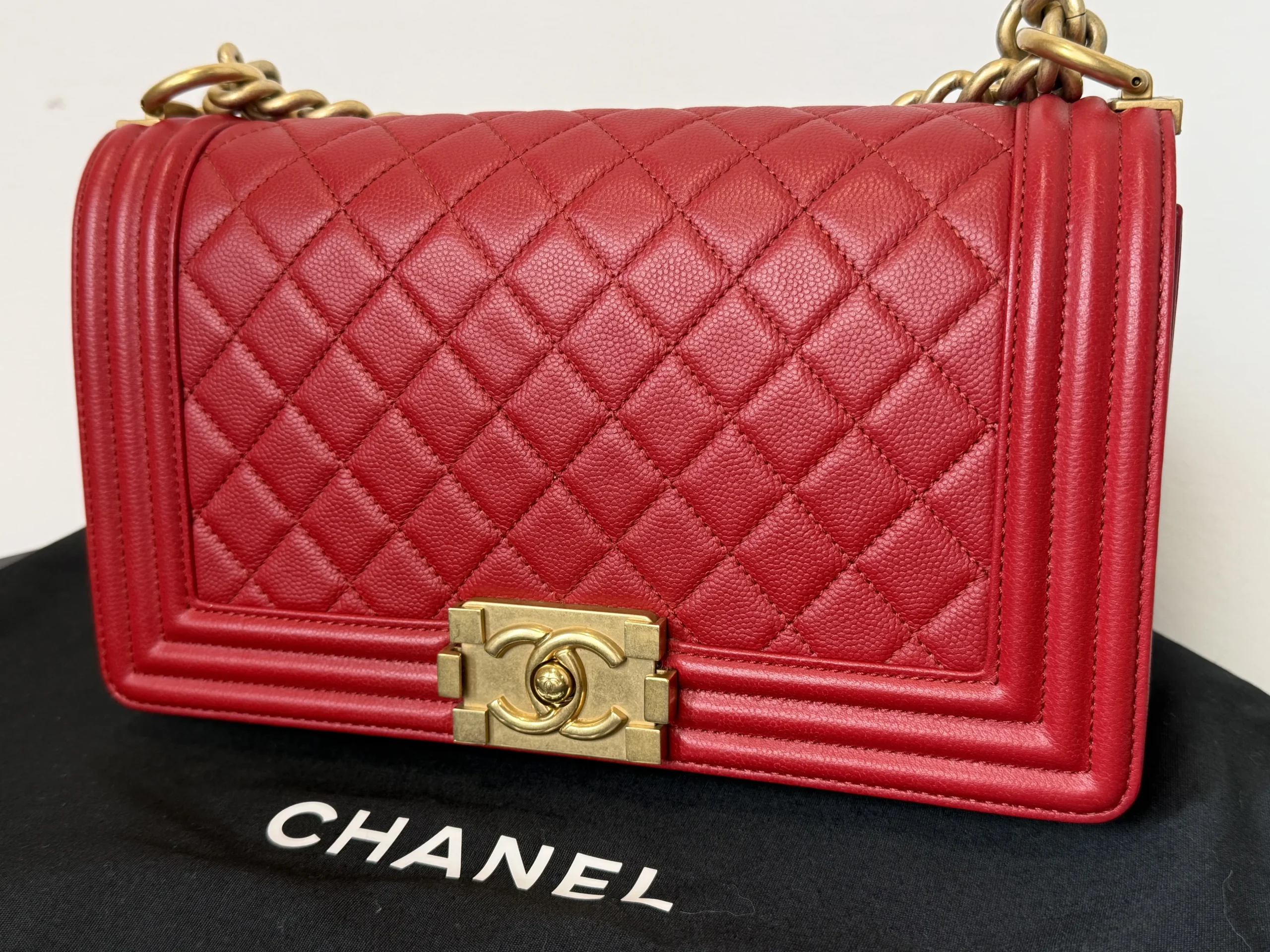 CHANEL Boy Bag Medium Red Caviar Leather Gold Hardware CHANEL Boy Bag Medium Red Caviar Leather Gold Hardware