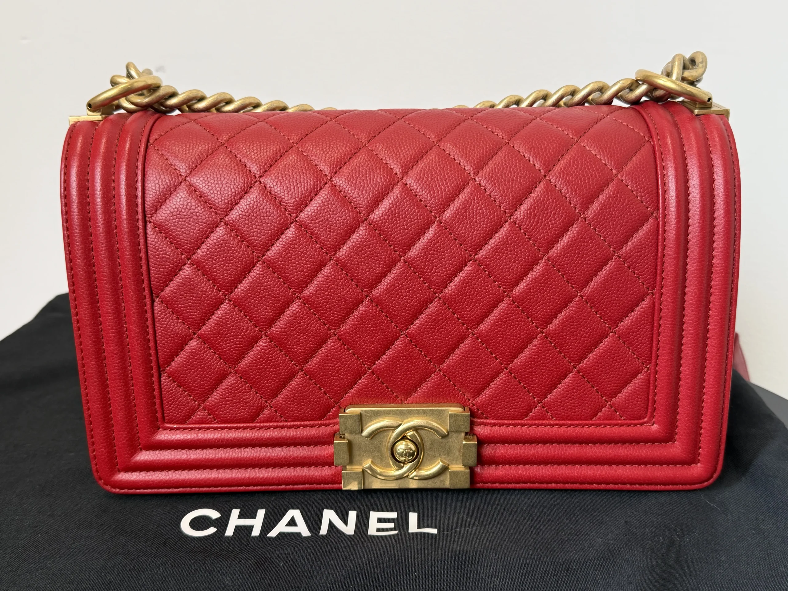 CHANEL Boy Bag Medium Red Caviar Leather Gold Hardware CHANEL Boy Bag Medium Red Caviar Leather Gold Hardware