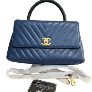 CHANEL Medium Coco Handle Blue Chevron Bag Gold Hardware