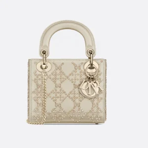 DIOR Mini Lady Dior Bag Platinum-Tone Metallic Cannage Lambskin with Beaded Embroidery