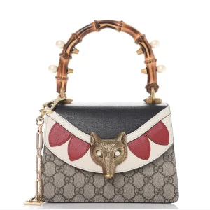 GUCCI GG Supreme Monogram Goatskin Pearl Mini Fox Broche Bamboo Top Handle Bag Beige Ebony Black Hibiscus Red Mystic White