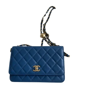 CHANEL Wallet On Chain Blue Lambskin Bag Gold Hardware