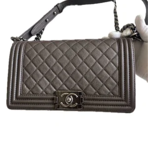 CHANEL Medium Boy Bag Dark Brown Calfskin Quilted Leather Silver-Tone Hardware