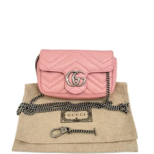 GUCCI GG Marmont Mini Pink Leather Silver Hardware Crossbody Bag With Clasp