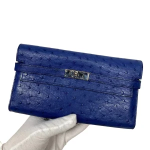HERMES Kelly Long Wallet Blue Ostrich Leather Silver Hardware