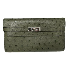 HERMES Kelly Long Wallet Olive Green Ostrich Leather Silver Hardware