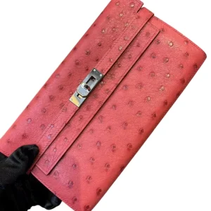 HERMES Kelly Long Wallet I6 Rose Extreme Ostrich Leather Silver Hardware