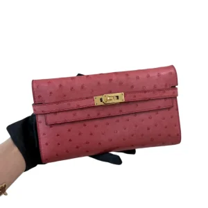 HERMES Kelly Long Wallet Pink Ostrich Leather Gold Hardware