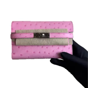 HERMES Kelly Long Wallet Pink Ostrich Leather Silver Hardware