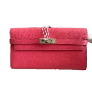 HERMES Kelly Long Wallet Pink Lambskin Leather Silver Hardware