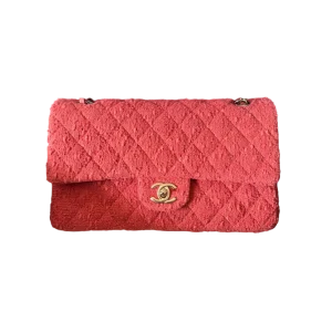 Chanel Classic Flap Medium Coral Red Tweed Gold Hardware Microchip