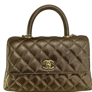 CHANEL Small Coco Handle Gold Quilted Caviar Bag Gold Hardware
