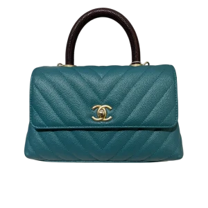 CHANEL Coco Handle Small Green Chevron Quilted Caviar Calfskin Leather