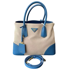 PRADA Route Tote Medium Beige & Blue Canvas