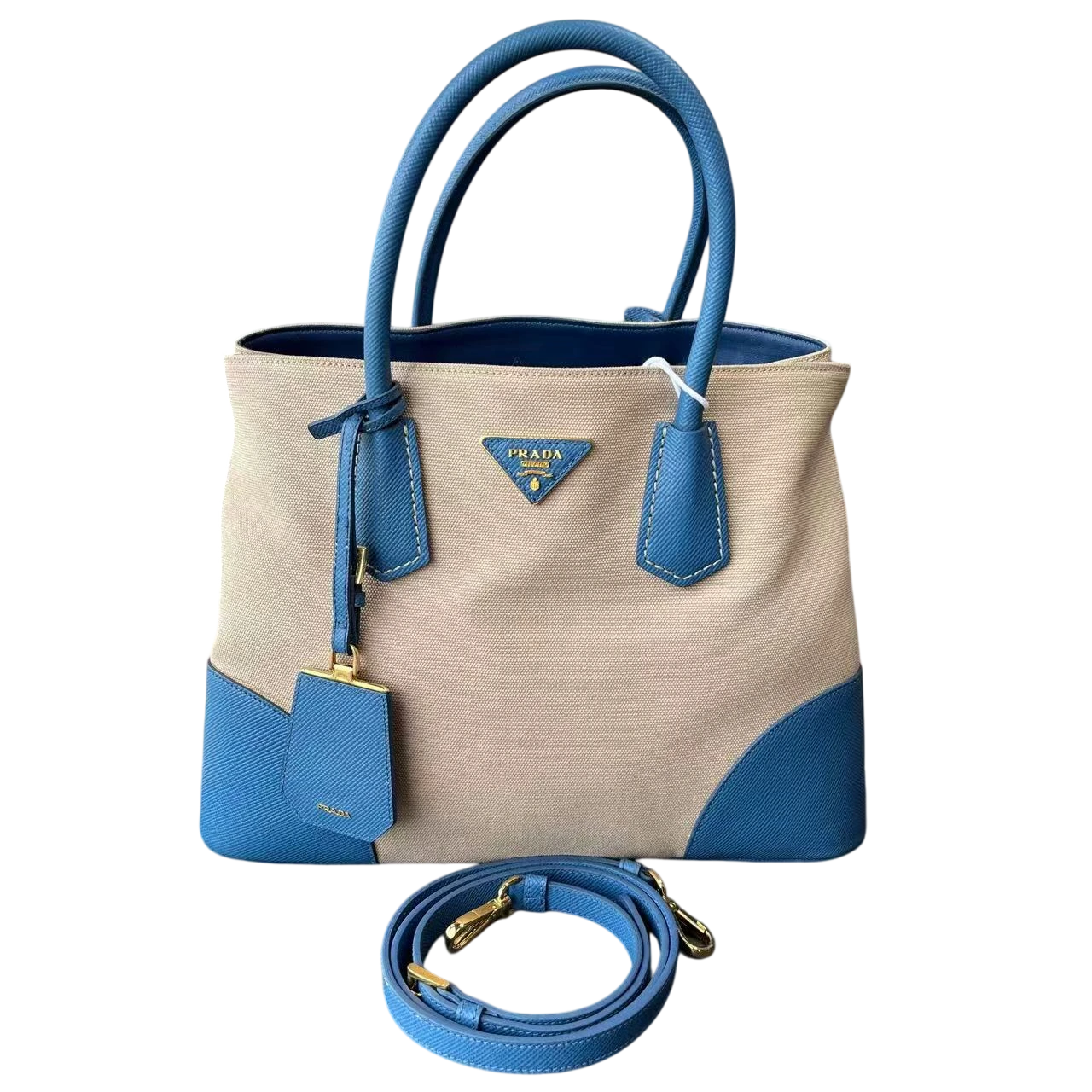 PRADA Route Tote Medium Beige & Blue Canvas PRADA Route Tote Medium Beige & Blue Canvas