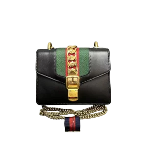 GUCCI Sylvie Mini Black Leather With Web Stripe & Gold Hardware