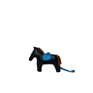 HERMES Rodeo Horse Charm PM Black Leather With Blue Saddle & Brown Mane