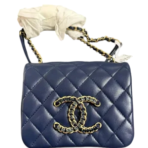CHANEL Quilted Flap Mini Navy Blue Lambskin With Crystal Embellished CC Hardware