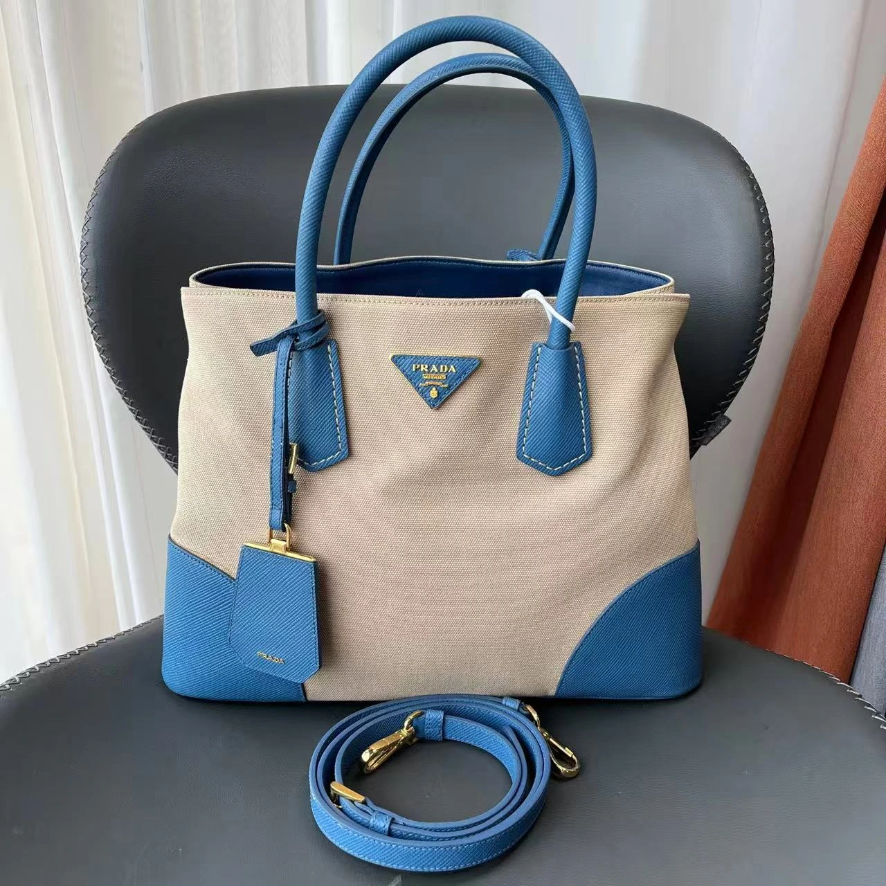 PRADA Route Tote Medium Beige & Blue Canvas PRADA Route Tote Medium Beige & Blue Canvas