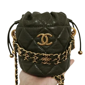 CHANEL Drawstring Bucket Mini Olive Green Caviar Leather With Gold Hardware (22K)
