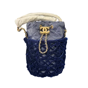 CHANEL Drawstring Bucket Mini Blue Velvet & Lambskin With Gold Hardware