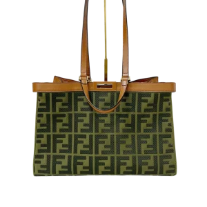 FENDI FF Jacquard Tote Medium Green Canvas With Brown Leather Trim