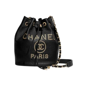 CHANEL Drawstring Bucket Medium Black Caviar Leather With Studded Logo & Gold Hardware