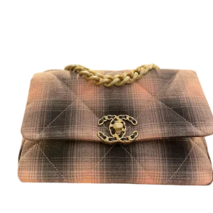 CHANEL 19 Medium Pink & Brown Plaid Tweed With Antique Gold Hardware