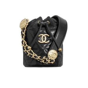 CHANEL Drawstring Bucket Mini Black Caviar Leather With Gold Medallion Chain Hardware