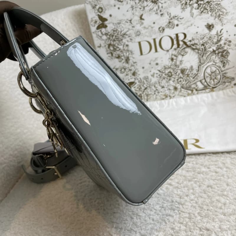DIOR Small Lady Dior Bag Grey Patent Leather New DIOR Small Lady Dior Bag Grey Patent Leather New